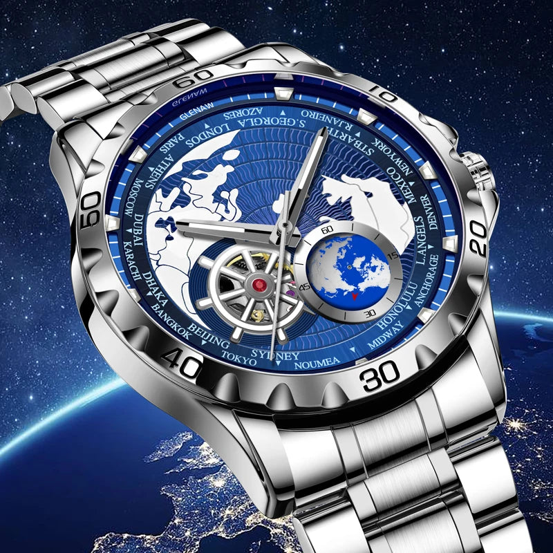 GLENAW 2025 New Earth Series Mechanical Watch Men Rotating Earth Dial Night Light Waterproof Top Luxury Design Mechanical Watch