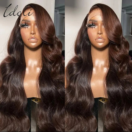 13x6 Chocolate Brown Body Wave Lace Front Wig Transparent Lace Frontal Wig Human Hair Preplucked Colored Human Hair Wigs 180%