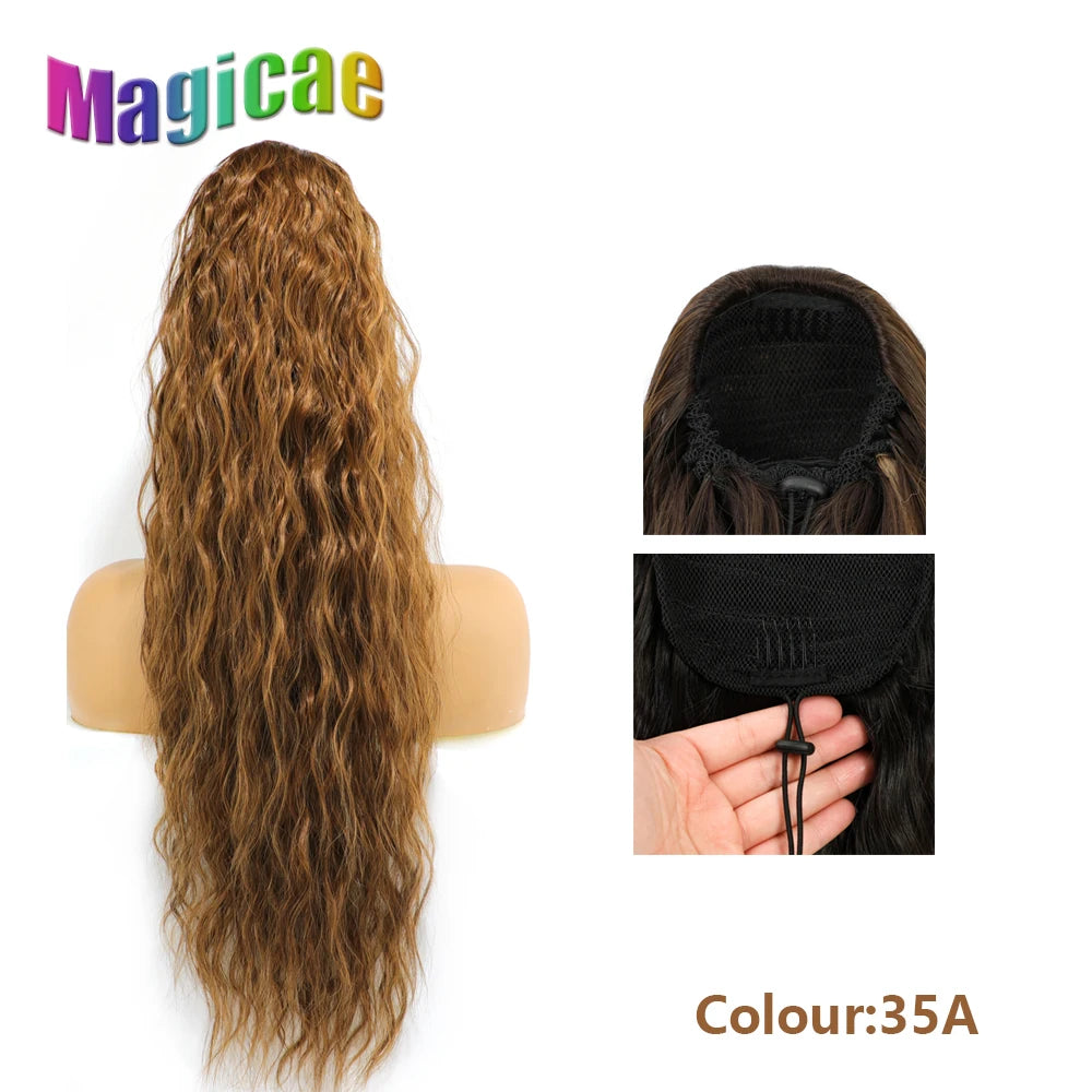 Magicae Long Synthetic Water wave Ponytail Heat resistant Hairpiece Drawstring Hair Clip Ombre Brown Blonde Hair Extensions Pony