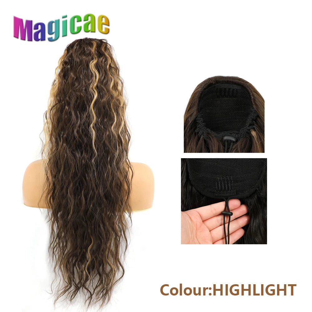 Magicae Long Synthetic Water wave Ponytail Heat resistant Hairpiece Drawstring Hair Clip Ombre Brown Blonde Hair Extensions Pony