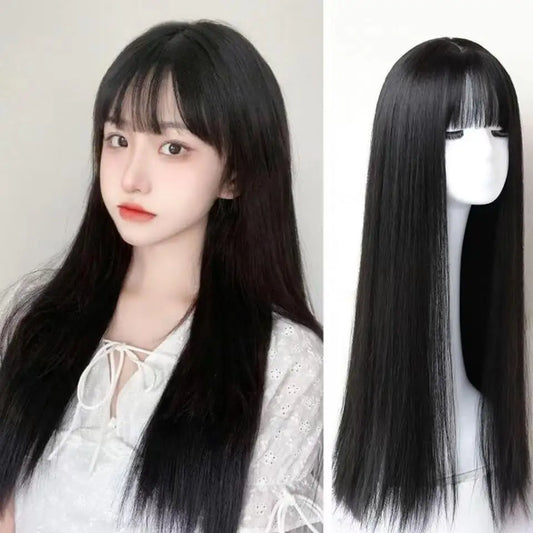 28in Long Black Straight Wig with Air Bangs for Women Heat Resistant Fashion Elegant Synthetic Wig for Cosplay and Daily Party