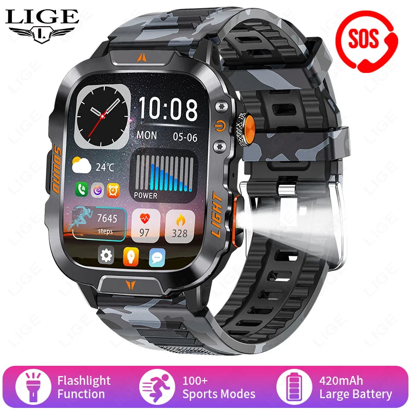 LIGE New Military Smart Watch Men Waterproof Outdoor Sports Tracker LED Flashlight Bluetooth Call Men Smartwatch For Android iOS