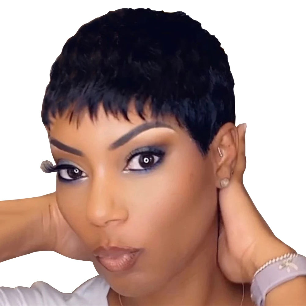 Pixie Cut Human Hair Wig for Black Women Natural Black Straight Bob Wigs Brazilian Human Hair Full Machine Made Wig With Bangs