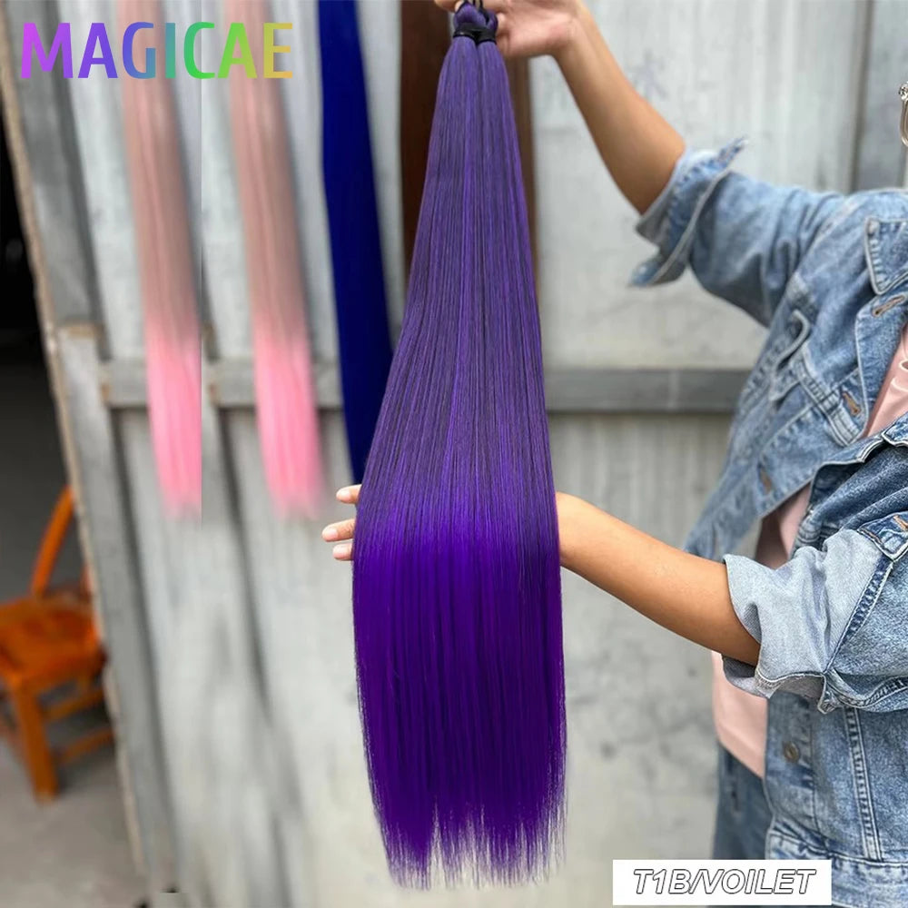Magicae Braiding Crochet Hair High Heat Resistant 3Pcs 28inches Synthetic Ombre Brown Silver White Straight Bundles Extension