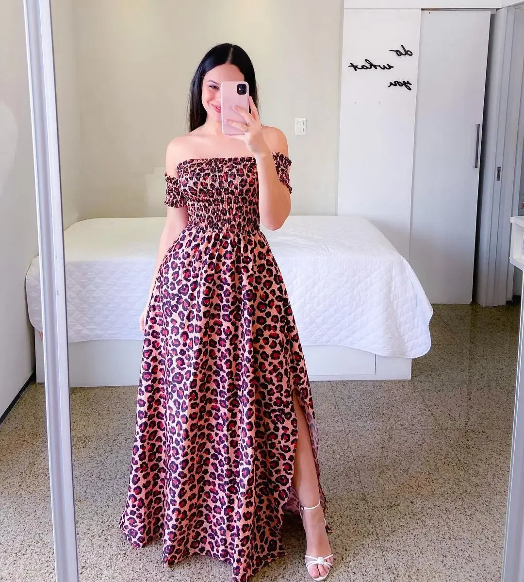 Elegant Off Shoulder Dress Summer Fashion Dresses High Waist Flower Print Short Sleeve Vestidos Robe Clothing