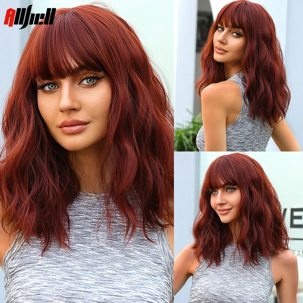 Short Copper Ginger Synthetic Natural Wavy Wigs Hair Orange Halloween Bob Wig with Bangs Heat Resistant for Women Cosplay Wig