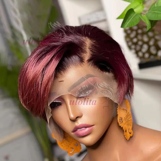 99JPixie Cut 13x4 Transparent Lace Front Wigs For Women Short Bob Wig Inidan Pre Plucked Lace Frontal Human Hair Wig 200 Density