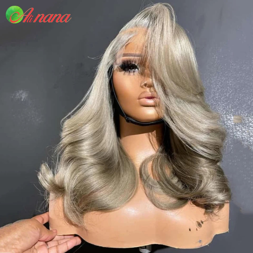 Ash Blonde Colored 13x4 Lace Frontal Wigs Ombre Short Bob Wig 180% Density Wavy Human Hair Wigs For Women Body Wave Hairstyle