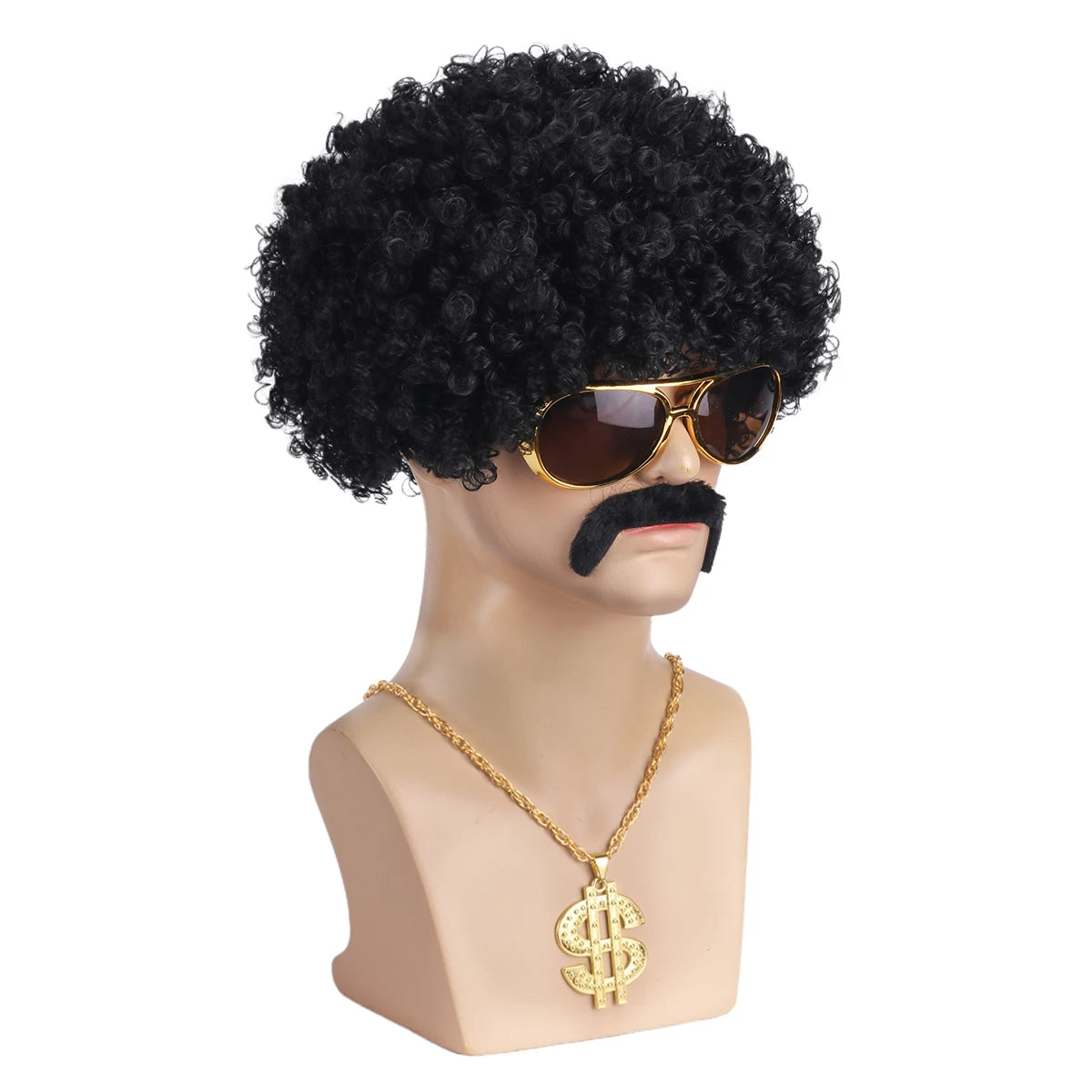 African men's synthetic wig 4-piece set {wig+glasses+necklace+beard} 70s 80s disco costume wig men's natural fluffy short curly