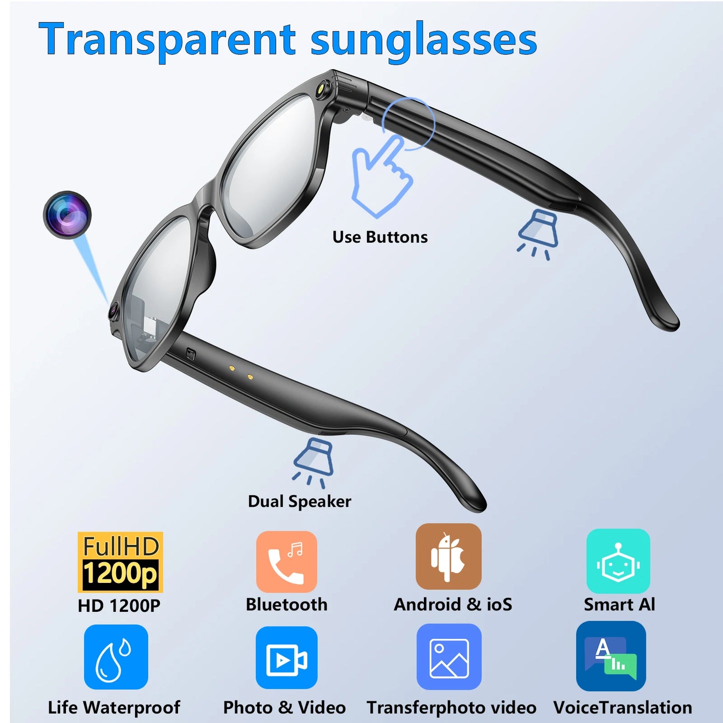 AI Smart Glasses Bluetooth Call Translator 800W Camera Sunglass Lenses Audio Built-in Mic Speakers Voice Assistant Control