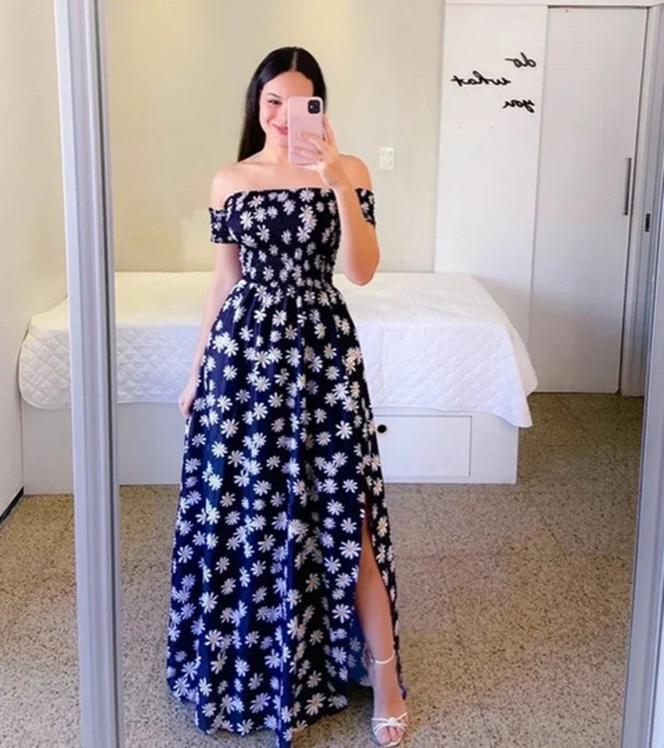 Elegant Off Shoulder Dress Summer Fashion Dresses High Waist Flower Print Short Sleeve Vestidos Robe Clothing