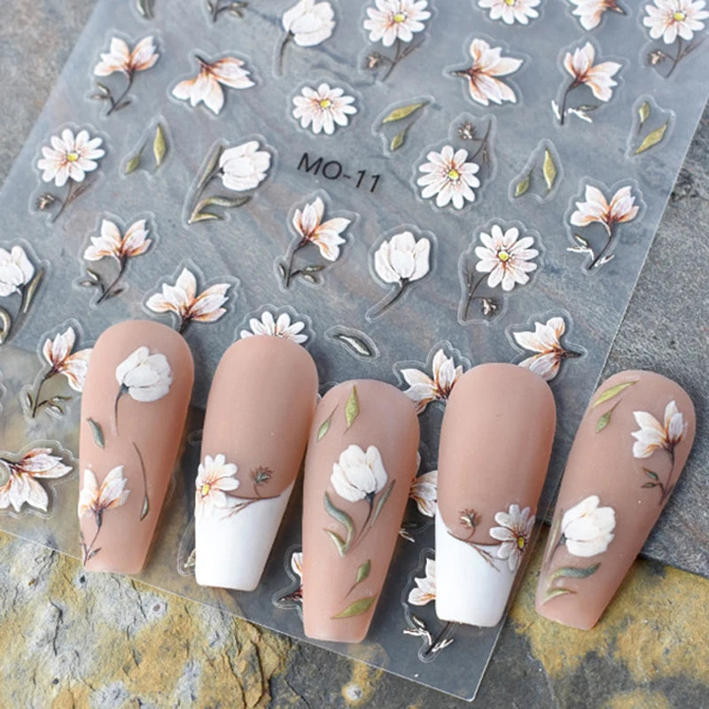 5d Embossed Nail Art Stickers Golden Lines Semi-Transparent Purple Blue Flowers Decals Decorations For Nail Tips Manicures