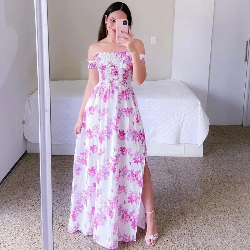 Elegant Off Shoulder Dress Summer Fashion Dresses High Waist Flower Print Short Sleeve Vestidos Robe Clothing