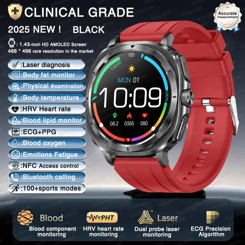 2025 New Laser therapy Three High Uric acid Blood pressure Smartwatch Men ECG+PPG Heart rate Fat Body Analysis NFC Call Watches