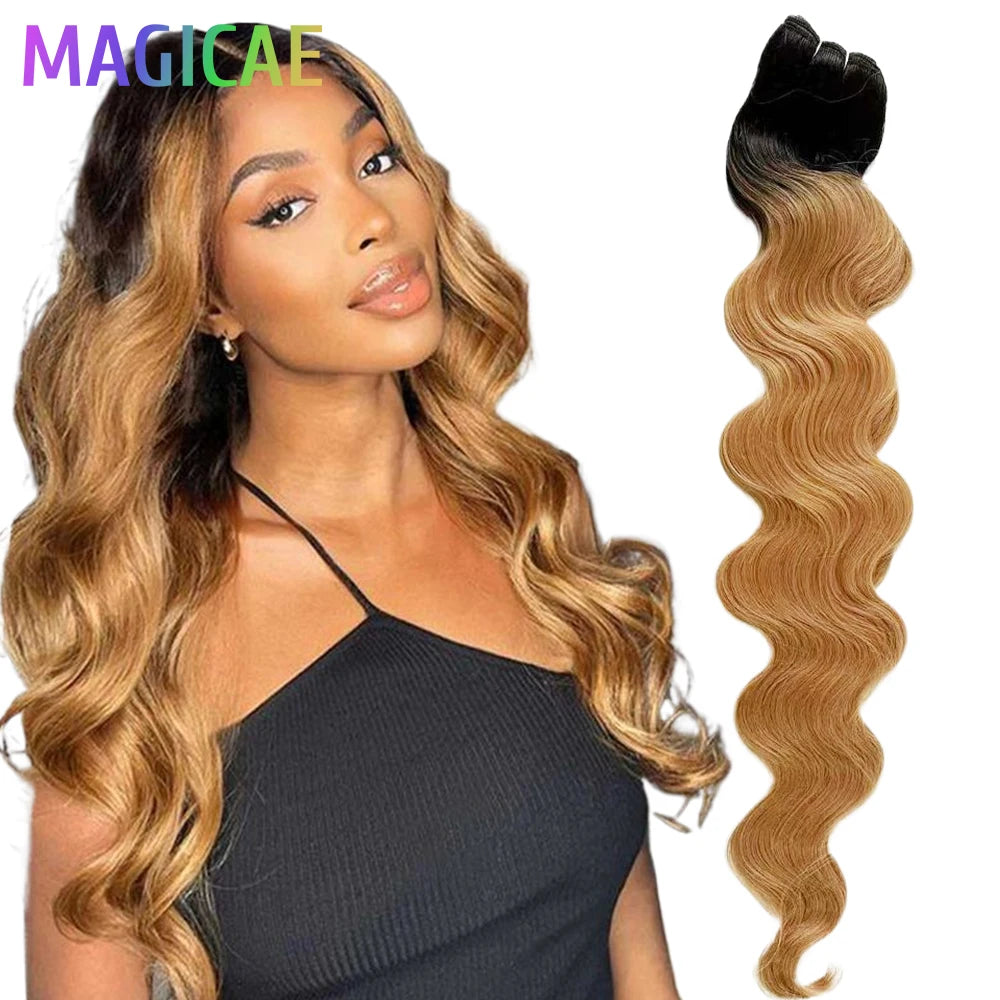 30Inches 200Grams Magicae Highlight Ombre Orange Brown Extensions Body Wave Hair Weave Bundles High Temperature Synthetic Hair