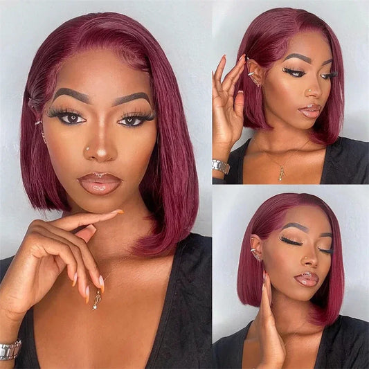 200% 99J Burgundy Straight Bob Wigs Brazilian Hair 13x4 Hd Lace Front Human Hair Wigs Red Wine Glueless Short Bob Wig PrePlucked