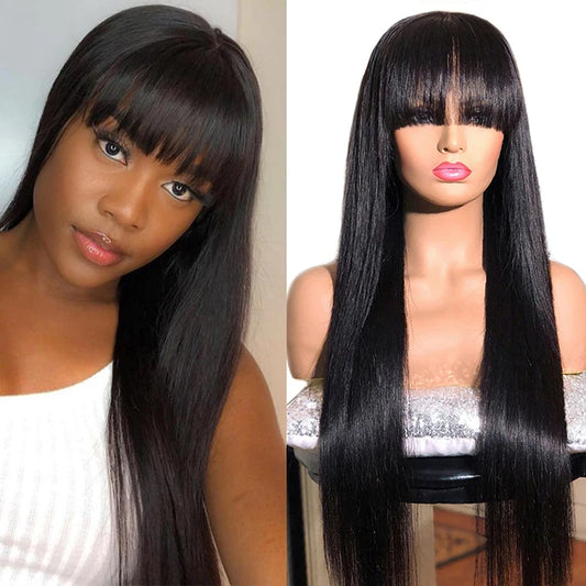 Straight Human Hair Wigs With Bangs 5x5 Hd Lace Closure Wig Fringe 13x4 Lace Frontal Glueless Wig Human Hair Ready To Wear Cheap