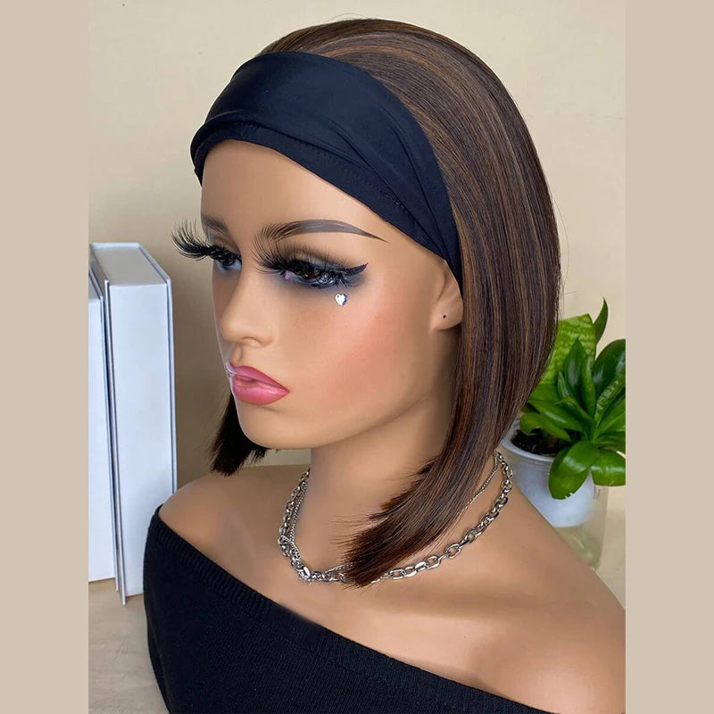 10 inch short headband bob wig, short straight hair high temperature resistant fashion turban synthetic wig brown mix black
