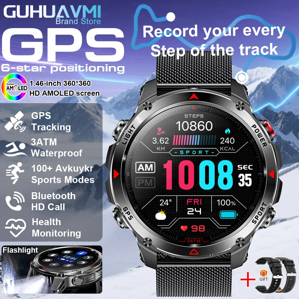 2025New Outdoor Military Smart Watch Bulit-in GPS Compass Altimeter Barometric 3ATM Waterproof AMOLED Bluetooth Call Smart Watch