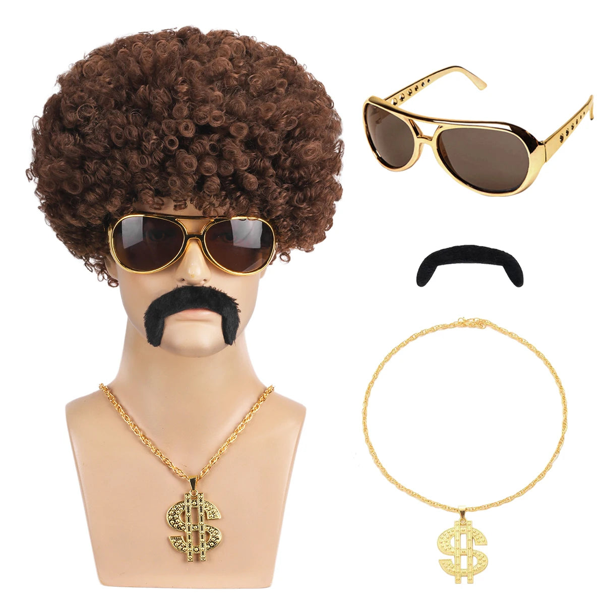 African men's synthetic wig 4-piece set {wig+glasses+necklace+beard} 70s 80s disco costume wig men's natural fluffy short curly