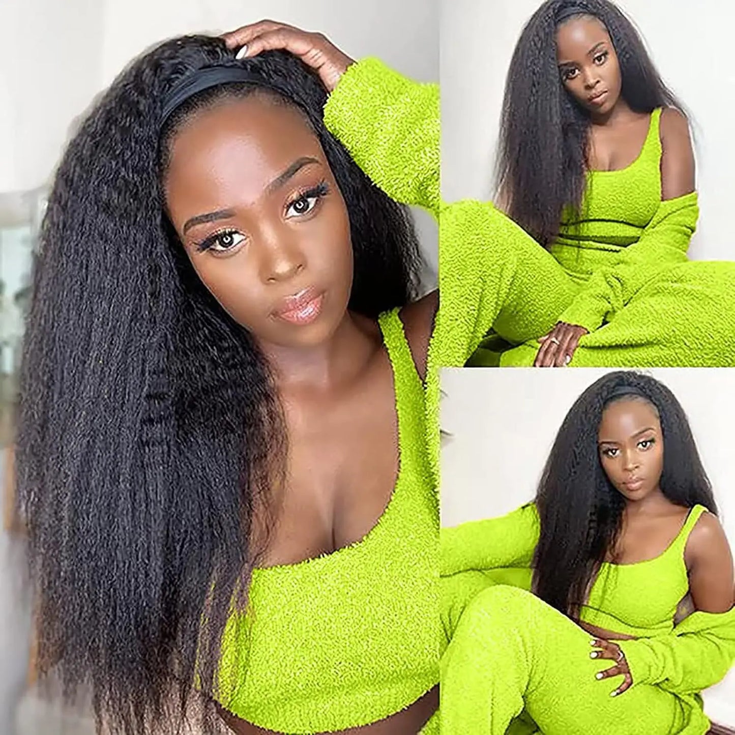 18-26Inch Yaki Straight Headband Wigs for Black Women Synthetic Long Kinky With Hair Band Full Machine Made None Lace Front Wig