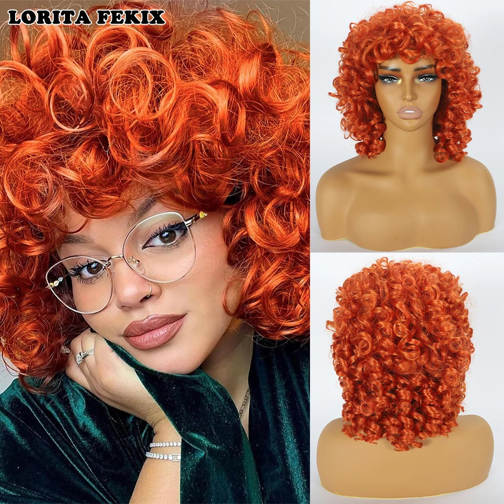Short Loose Red Curly Wig for Black Women Curly Afro Wig with Bangs Synthetic Fiber Natural Looking Glueless Hair for Daily Wear