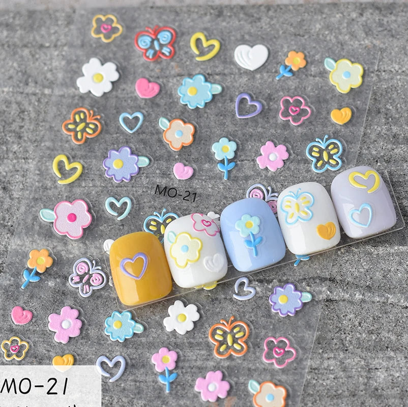 5d Embossed Nail Art Stickers Golden Lines Semi-Transparent Purple Blue Flowers Decals Decorations For Nail Tips Manicures