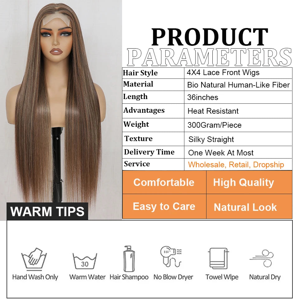 36 Inches 4X4 Lace Front Blond 27/613 Ombre Brown Synthetic Straight Lace Closure Red Highlight 4/10/16 HD Cosplay Lace Frontal