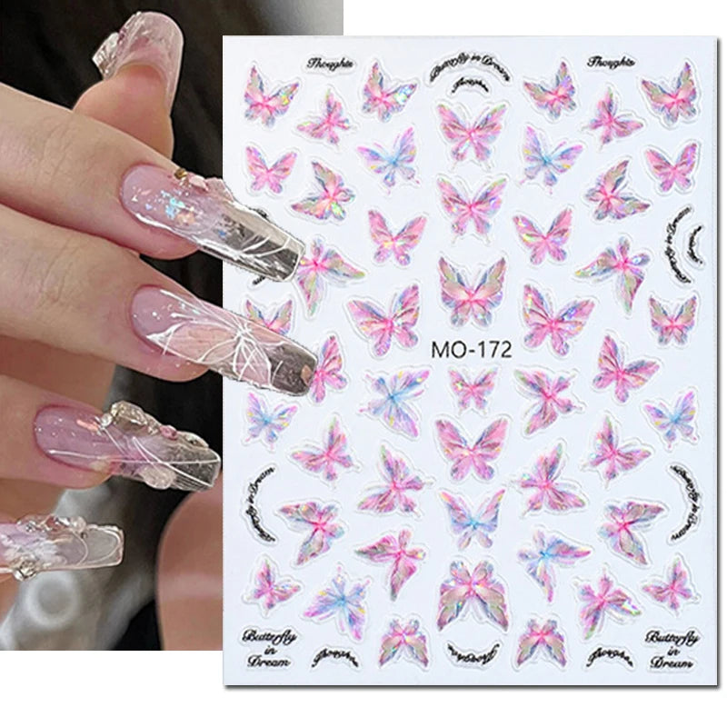 5d Embossed Nail Art Stickers Golden Lines Semi-Transparent Purple Blue Flowers Decals Decorations For Nail Tips Manicures