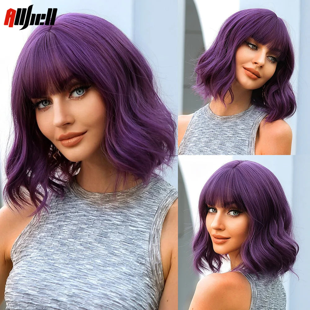 Short Copper Ginger Synthetic Natural Wavy Wigs Hair Orange Halloween Bob Wig with Bangs Heat Resistant for Women Cosplay Wig