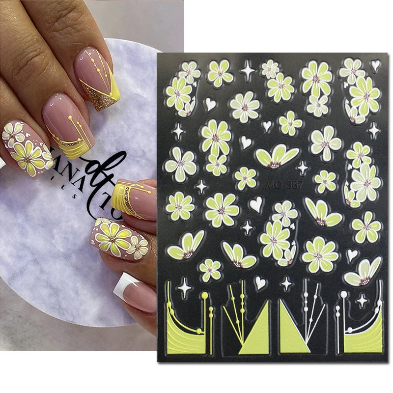 5d Embossed Nail Art Stickers Golden Lines Semi-Transparent Purple Blue Flowers Decals Decorations For Nail Tips Manicures