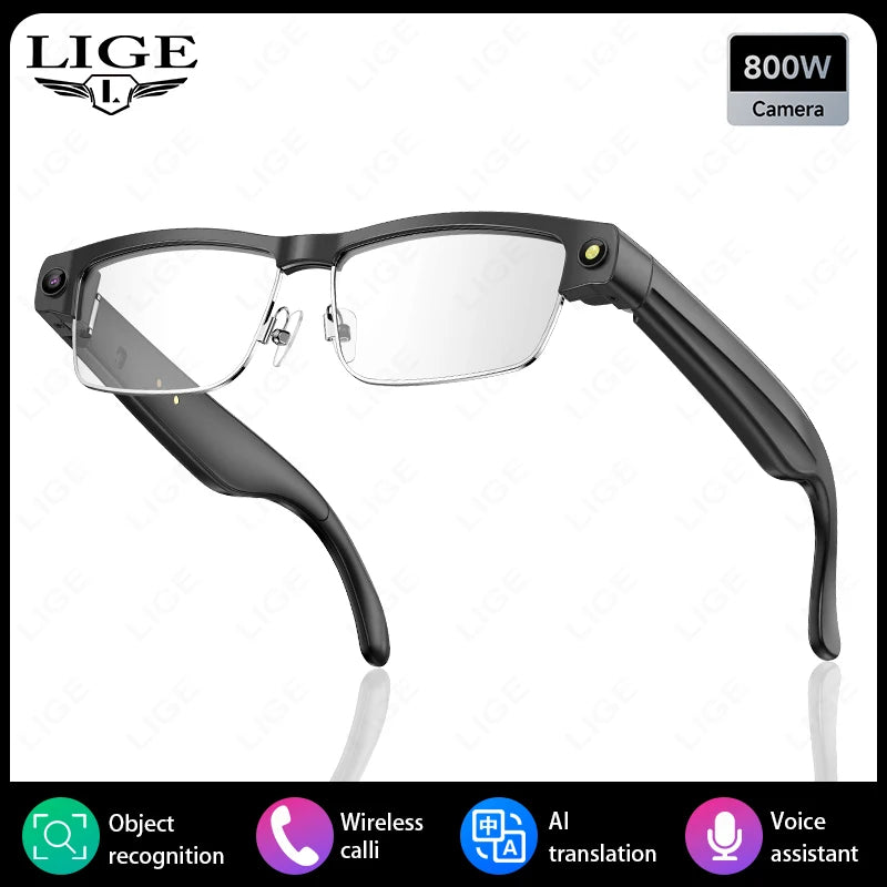 LIGE AI Smart Glasses Chat Voice Assistant Control 270mAh Battery 800W HD Camera 1200P Video Shoot Bluetooth Call Sunglasses New