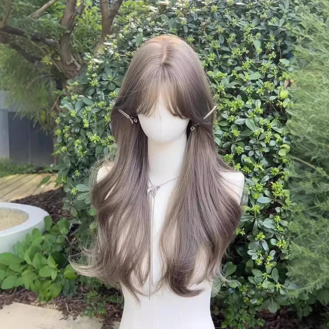 Synthetic wig mint gray brown long roll imitation human hair water ripple wig set