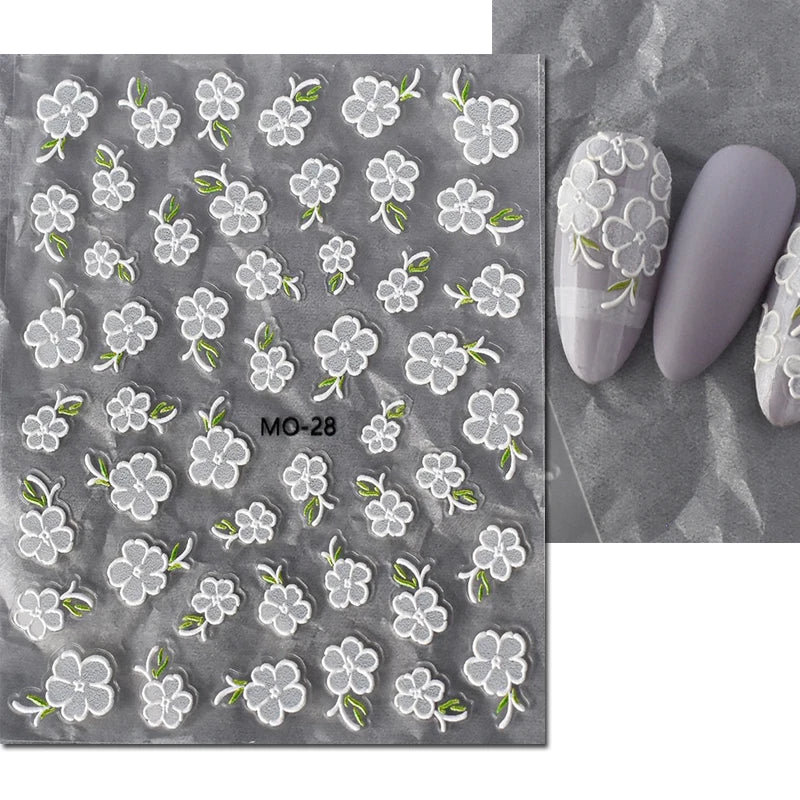 5d Embossed Nail Art Stickers Golden Lines Semi-Transparent Purple Blue Flowers Decals Decorations For Nail Tips Manicures