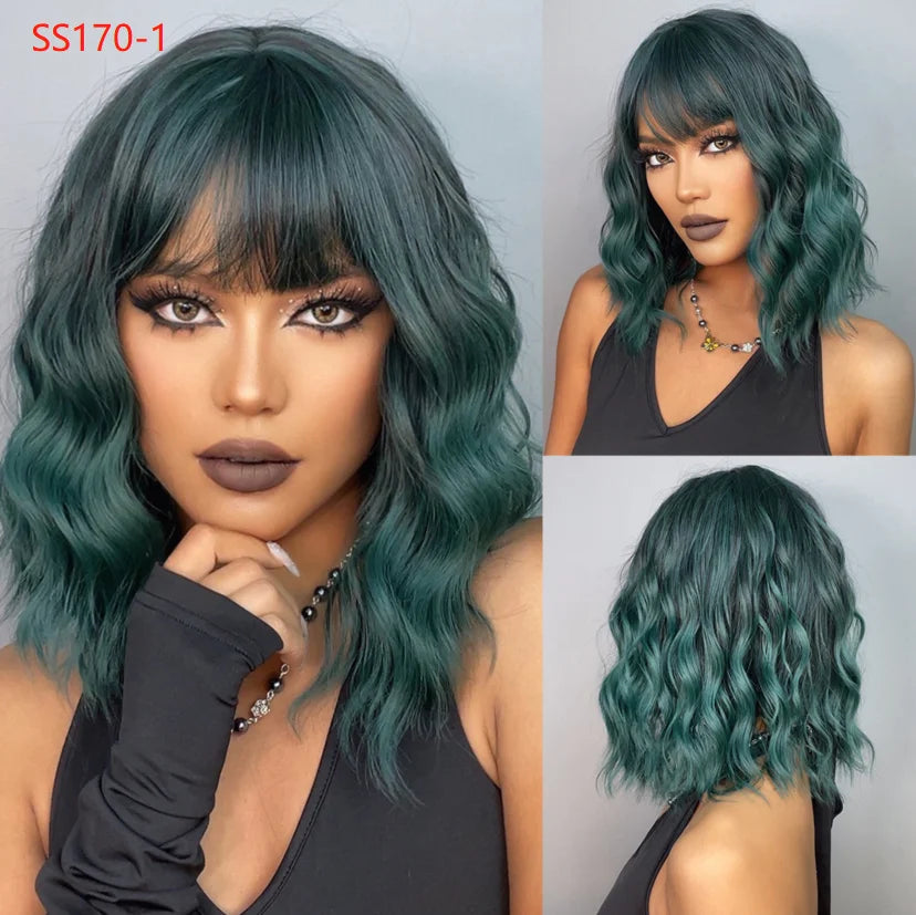 Short Curly Bob Cut Synthetic Wigs with Bangs Light Ginger Orange Water Wave Wig for Black White Women Halloween Heat Resistant