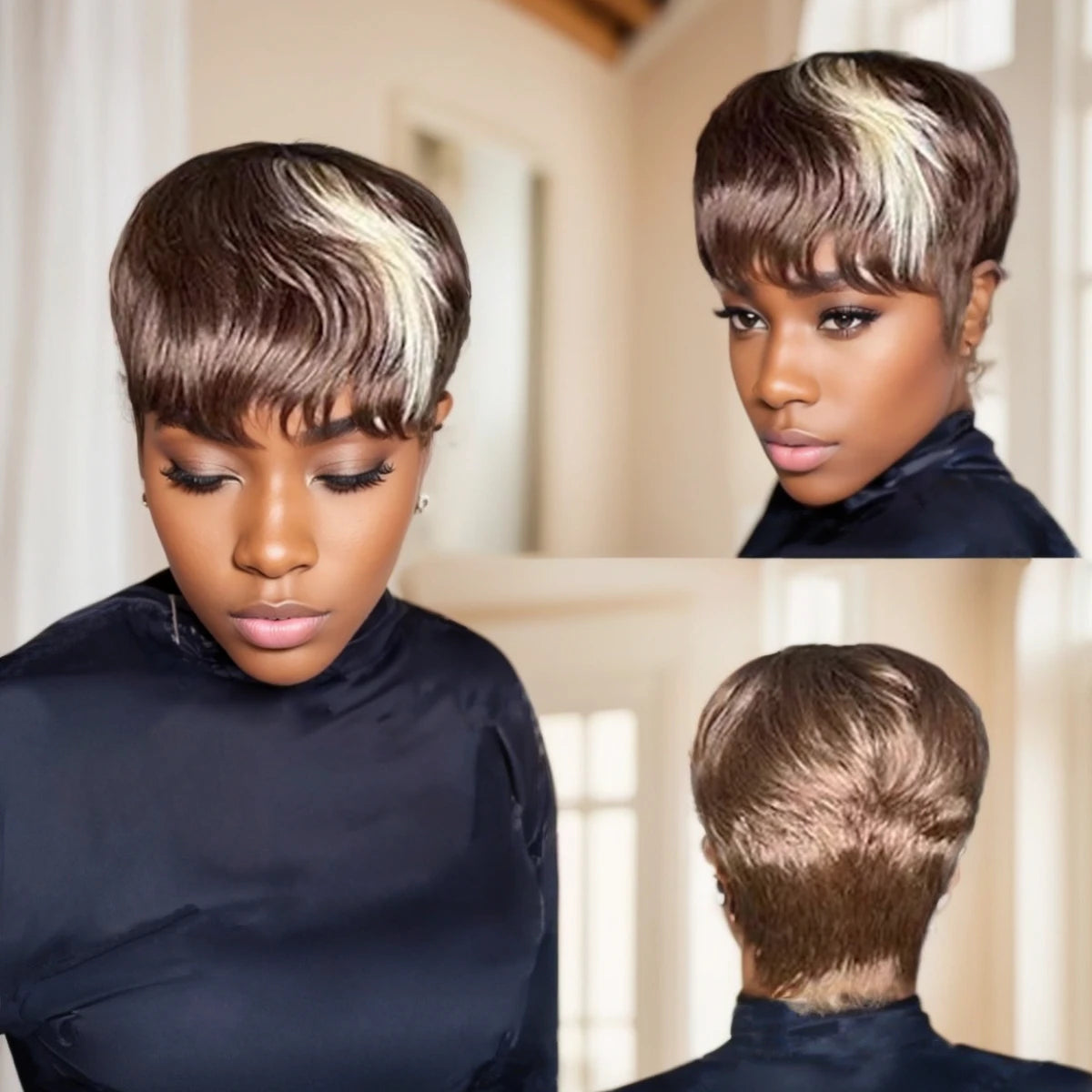 WIGERA Highlight Synthetic Wigs Short Straight Pixie Cut Hair Bob Wig Honey Gold Mix Black Hair For Woman