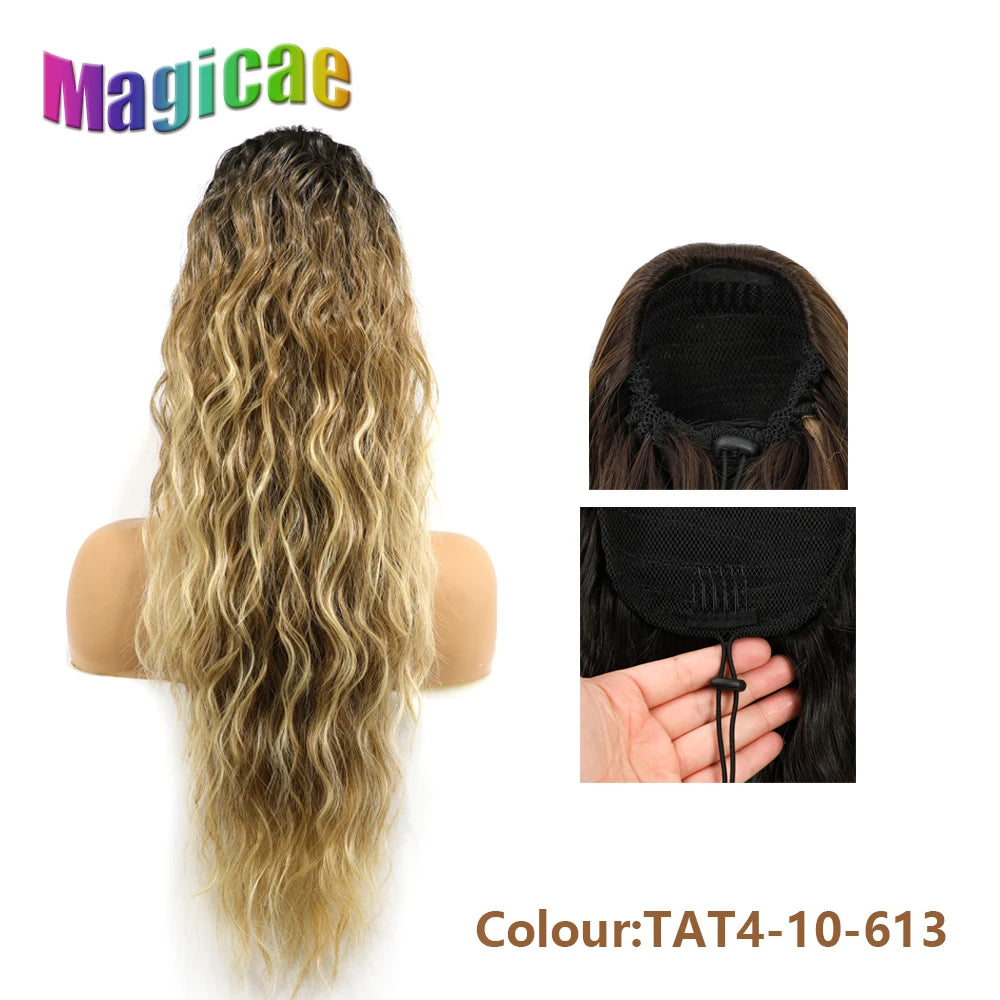 Magicae Long Synthetic Water wave Ponytail Heat resistant Hairpiece Drawstring Hair Clip Ombre Brown Blonde Hair Extensions Pony