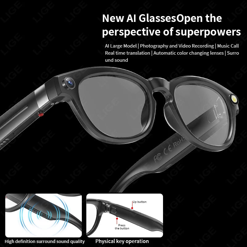 LIGE 4K 800W HD Camera Smart Glasses Recording Videos 290mAh AI Photo Recognition Chat Translation Bluetooth Photochromic Lenses