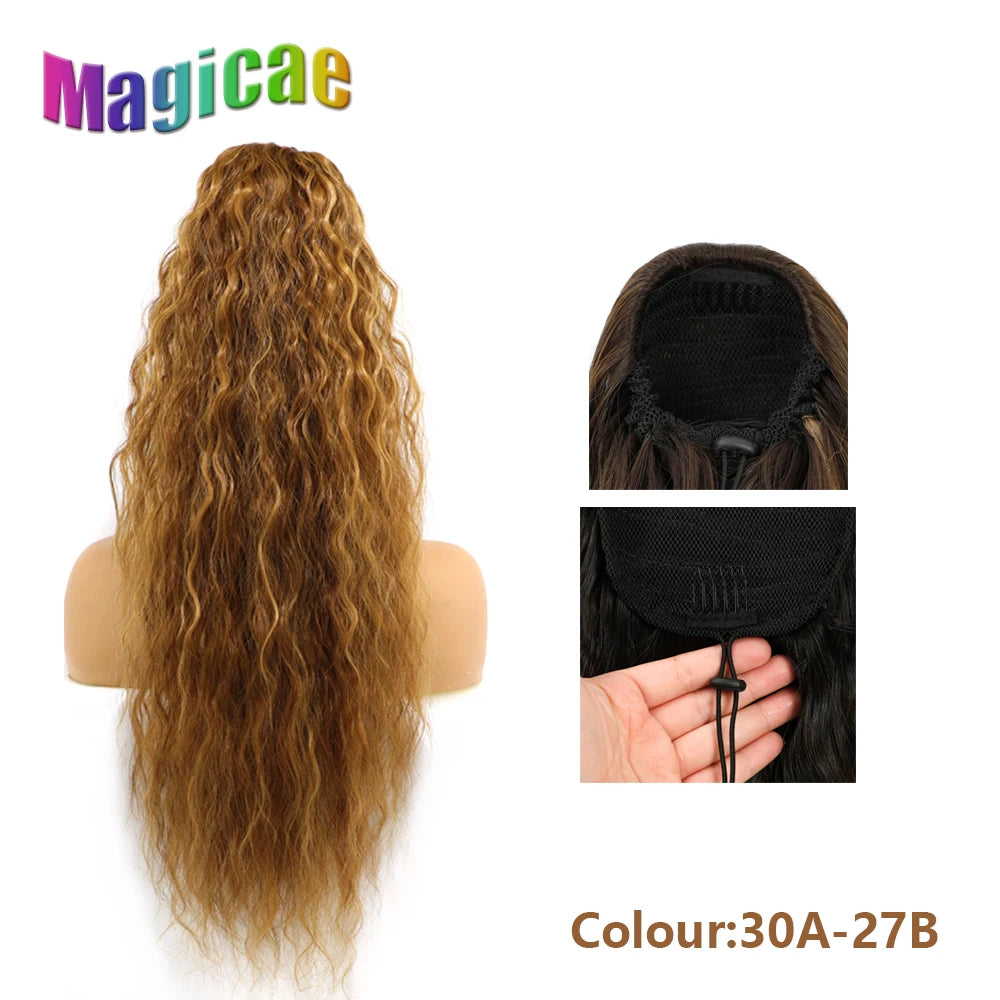 Magicae Long Synthetic Water wave Ponytail Heat resistant Hairpiece Drawstring Hair Clip Ombre Brown Blonde Hair Extensions Pony