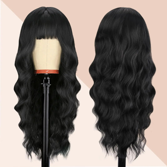 Black women's synthetic wig with big waves and straight bangs for cosplay. Worn daily with high-temperature synthetic hair.