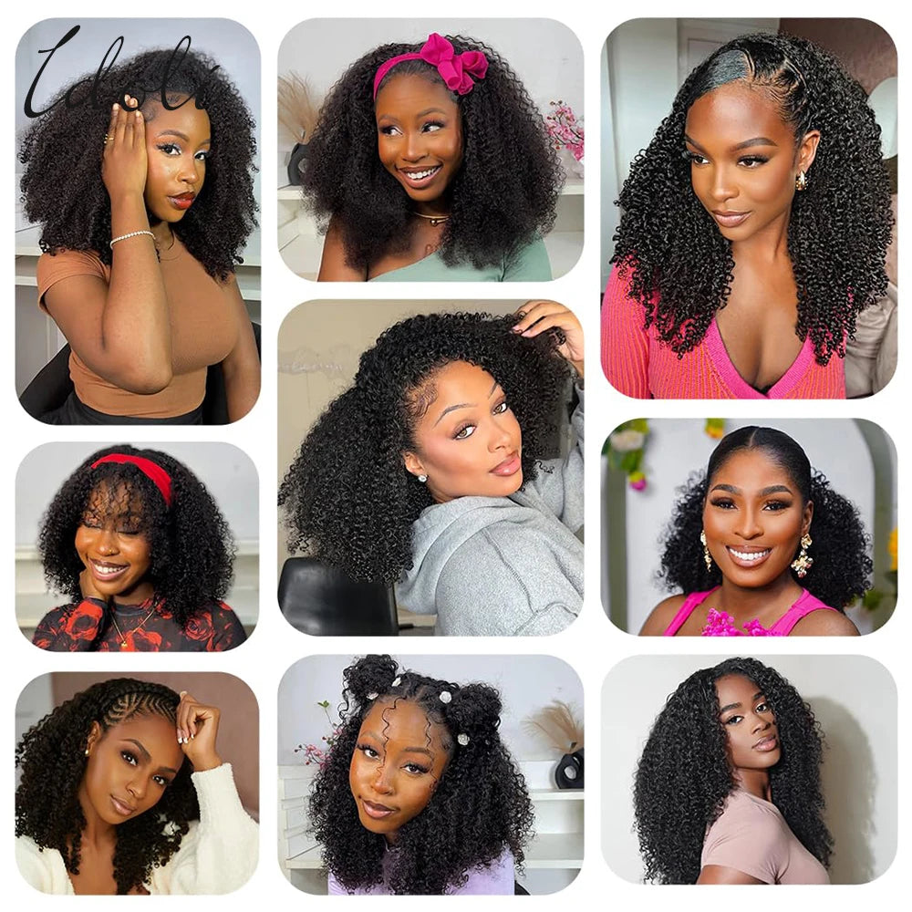 Kinky Curly Half Wig Human Hair 210% Density Wear Go Glueless Wigs 3 In 1 Half Wigs for Women Drawstring Seamless Flip Headband