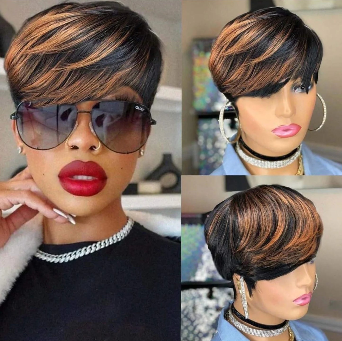 WIGERA Highlight Synthetic Wigs Short Straight Pixie Cut Hair Bob Wig Honey Gold Mix Black Hair For Woman