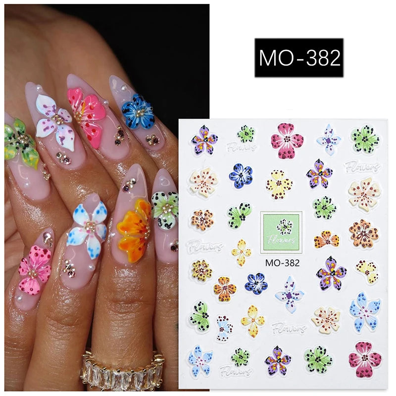 5d Embossed Nail Art Stickers Golden Lines Semi-Transparent Purple Blue Flowers Decals Decorations For Nail Tips Manicures