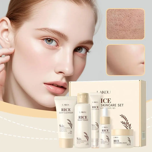 5PCS Rice Extract Skincare Set Moisturizing Facial Care Kit Cleanser Toner Serum Essence Eye Cream for Hydrating Glowing Skin