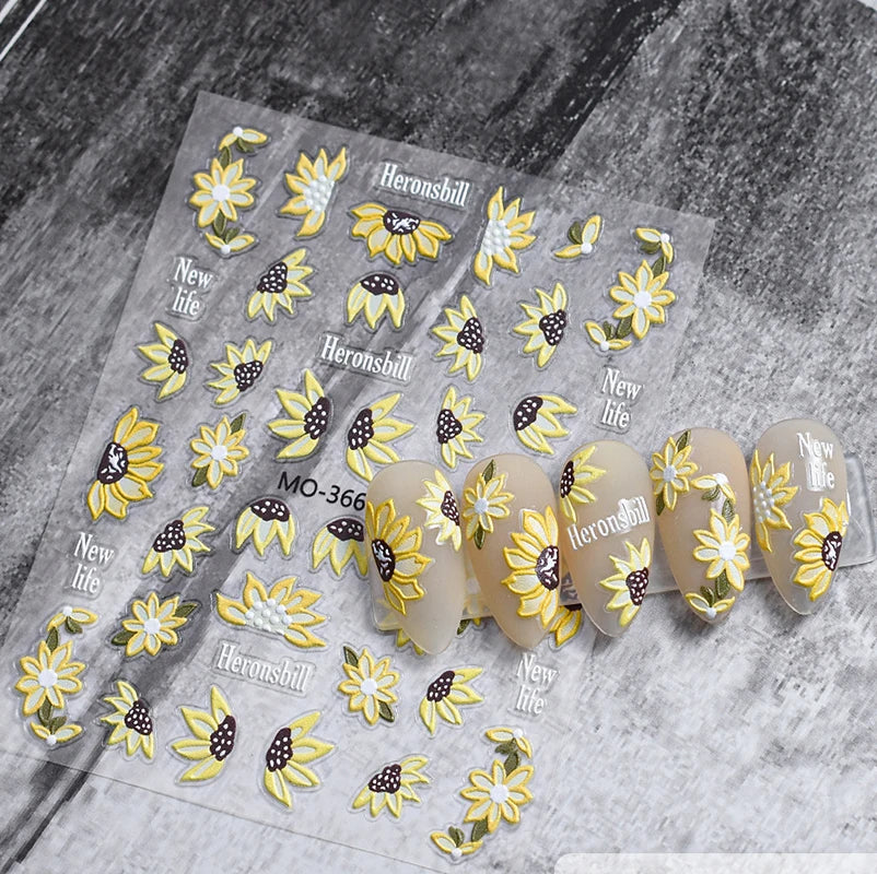 5d Embossed Nail Art Stickers Golden Lines Semi-Transparent Purple Blue Flowers Decals Decorations For Nail Tips Manicures