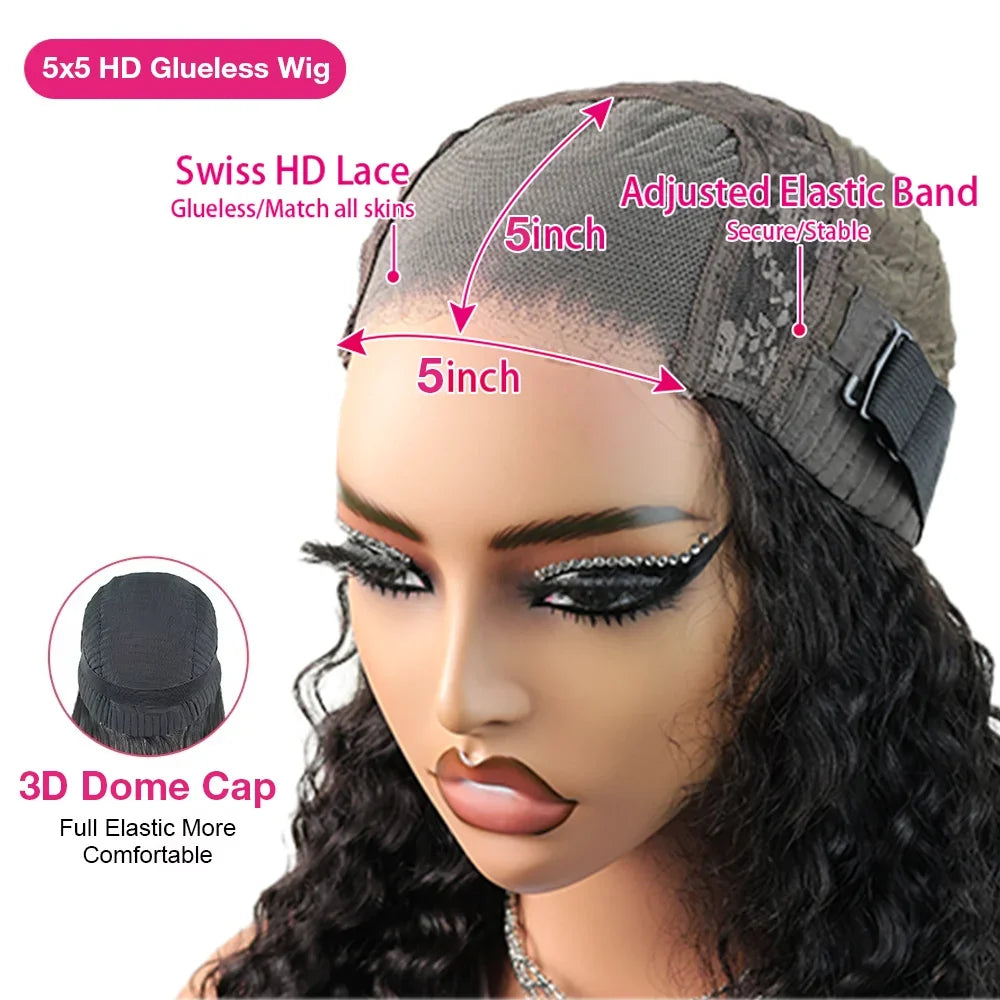 10A Glueless Wigs Human Hair Wigs Ready To Wear Bleached Knots 5x5 Pre Cut HD Transparent Glueless Lace Wigs Kinky Curly Wig100%