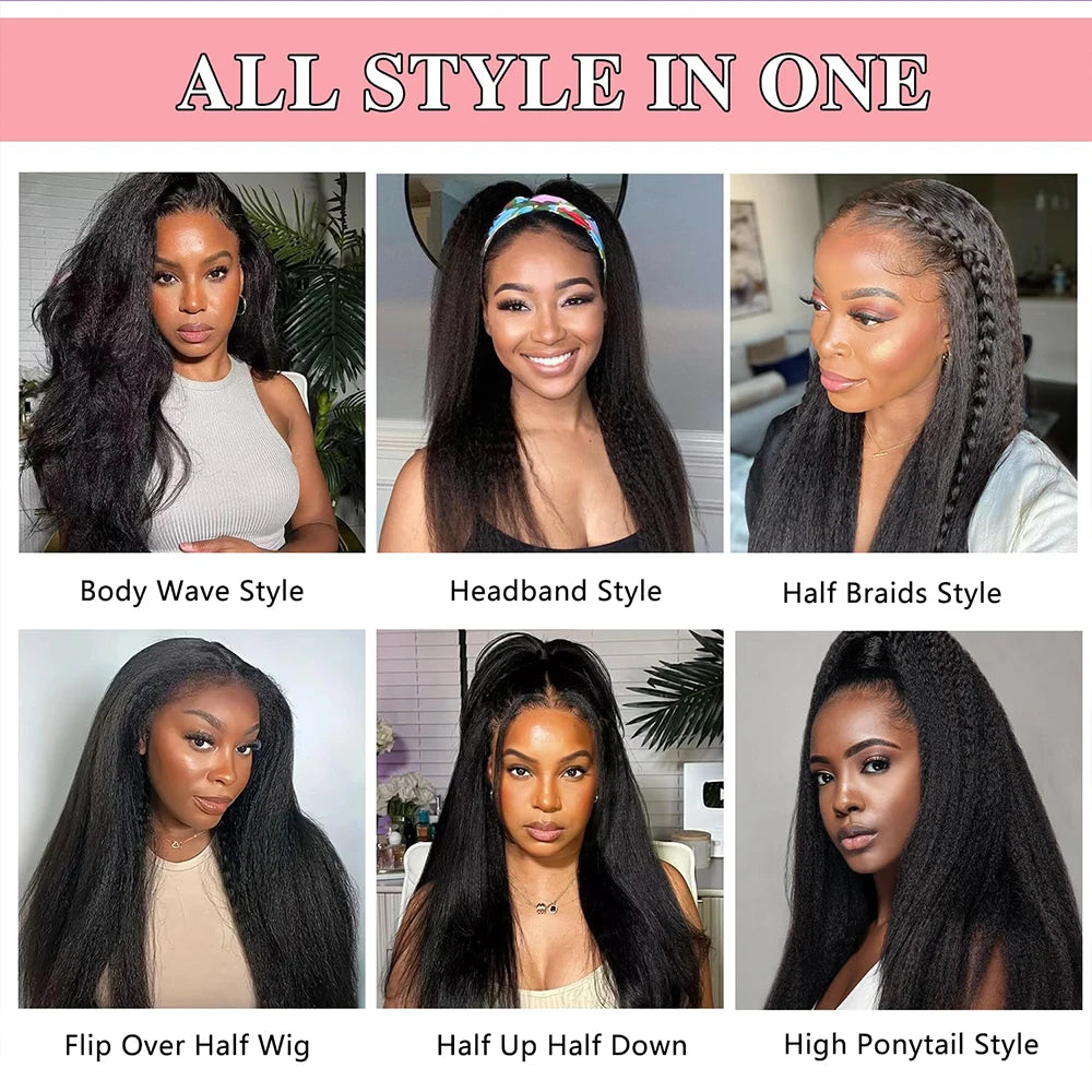 Kinky Straight 3 IN1 Half Wigs Human Hair Pull & Go Real Glueless Half Wigs Human Hair Curly 36 Inches Half Wigs Human Hair