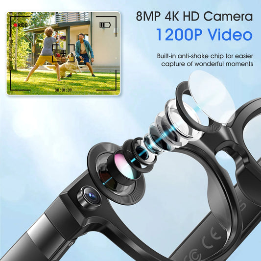 8MP Camera Glasses, AI Smart Glasses with Real-Time Translation & Object Analysis | HD 1200P 4K Video Recording, No WiFi Needed