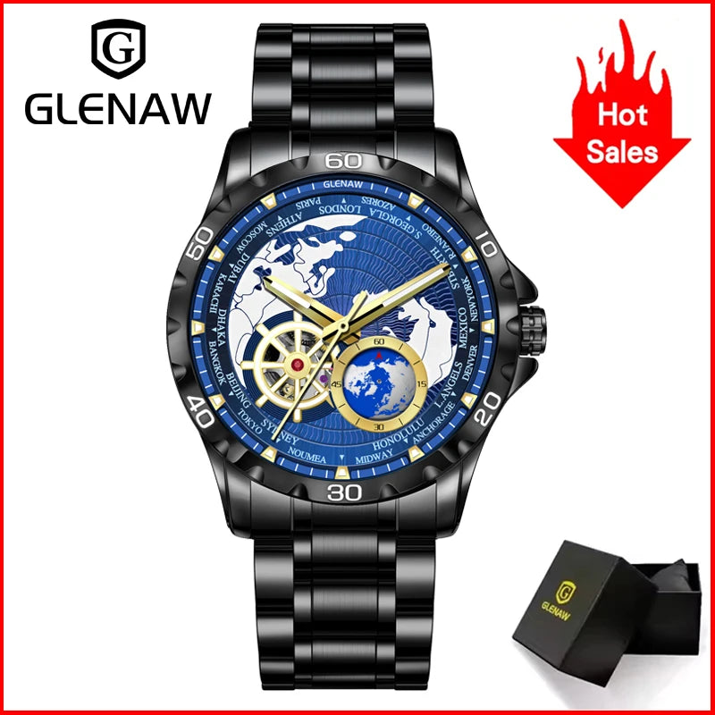 GLENAW 2025 New Earth Series Mechanical Watch Men Rotating Earth Dial Night Light Waterproof Top Luxury Design Mechanical Watch