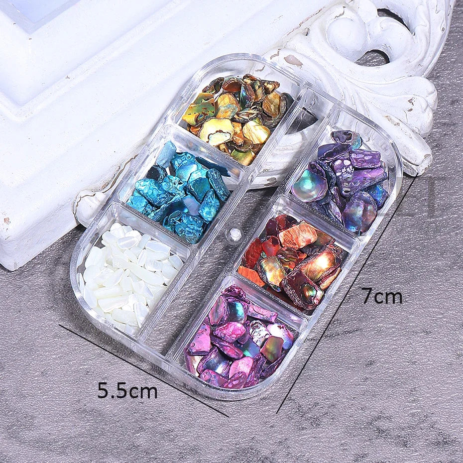 6 Grids Abalone Shell Flakes Nail Art Decoration 3D Charms Irregular Seashell Fragment Aurora Slices DIY Manicure Accessories